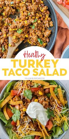 healthy turkey taco salad in a skillet with dressing and sour cream on the side