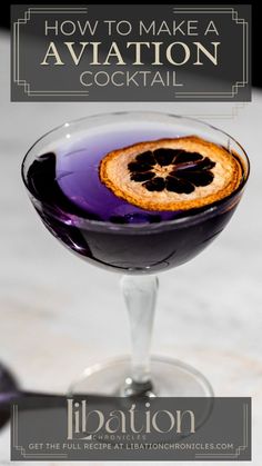 a purple cocktail with an orange slice on the rim and text overlay that reads how to make a aviation cocktail