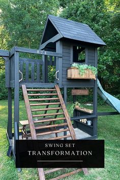 Transform your old swing set into a beautiful and functional outdoor space! With a little creativity and DIY skills, you can turn your swing set into a stylish seating area or garden trellis. Get inspired by these outdoor ideas and transform your backyard into a beautiful oasis. Playset Color Ideas, Swingset Plans Diy, Swingset Landscaping, Playset Makeover, Backyard Playset, Play Area Backyard, Kids Play Set