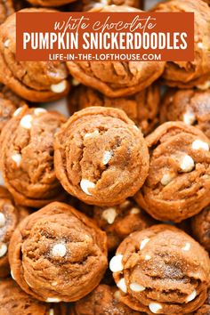 white chocolate pumpkin snickkerdoodles are piled on top of each other