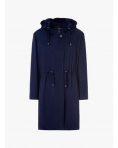 Waist drawstring Front double puller zip closure Small neck button Unlined Cinzia Rocca metal logo Collar with hood Raglan sleeves Welt pockets Turn-up cuffs Double Breasted Coat