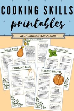 cooking skills printables for kids to learn how to cook in the kitchen, including vegetables