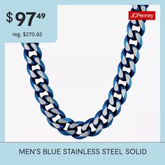 Features: Quick ShipJewelry Closure: Lobster ClaspLink Construction: SolidMetal Color: BlueChain Length: 22 InchChain Width: 10.5 MillimetersMetal: Stainless SteelChain Construction: CurbCare: Wipe CleanNecklace Type: Chain NecklacesCountry of Origin: Imported Blue Silver Chain Necklace As Gift, Blue Chain Link Metal Jewelry, Blue Stainless Steel Necklace With Adjustable Chain, Blue Stainless Steel Chain Jewelry, Curb Chain Necklace, Chain Necklaces, Curb Chain, Blue Man, Chains Necklace