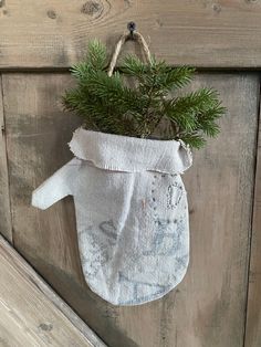 a potted plant hanging from the side of a wooden door with a white bag on it