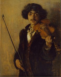 a painting of a man holding a violin