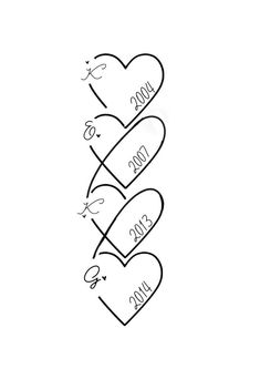 three hearts with the names of two people and one is written on it in cursive writing