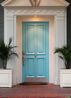 a blue front door with two planters on either side and a light fixture above it