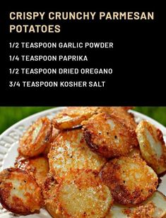 crispy crunchy parmesan potatoes on a white plate with text overlay