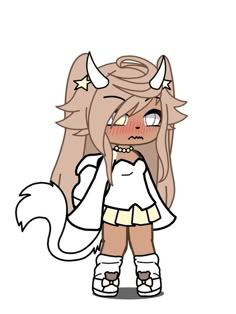 an animal girl with long hair and horns on her head, standing in front of a white