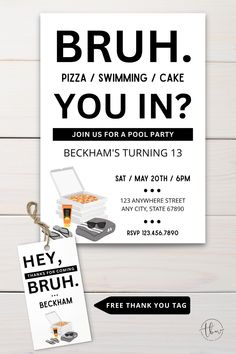 a flyer for a pizza party with the words bruh, you in?