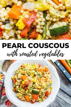 pearl couscous with roasted vegetables in a white bowl and on a wooden table