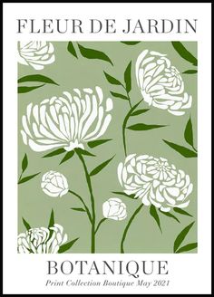 a green poster with white flowers and leaves on it's back cover, in french