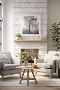 a living room filled with furniture and a fire place in front of a brick wall