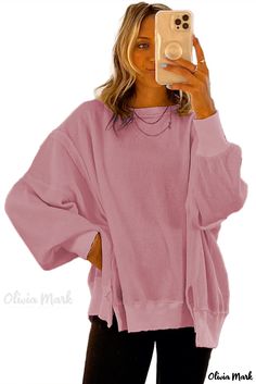 Olivia Mark - Oversized Pink Sweater with Waffle Knit Construction and Flowy Sleeve Blue Zone, Plus Size Pajamas, Waffle Fabric, Cardigan Crop, Split Design, Cardigan Sweater Jacket, Bishop Sleeve, Graphic Tops, Round Neck Sweaters