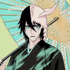 an anime character is holding a japanese umbrella and looking at the camera with evil eyes