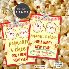 Holiday gift tags featuring a cheerful popcorn design with the message Popcorn & Cheer for a Happy New Year! Includes a printable PDF and editable Canva template. New Years Treats For Coworkers, New Years Popcorn, New Years Neighbor Gift Ideas, New Years Neighbor Gifts, New Year’s Eve Gift Basket, Popcorn Gift Tags Free Printable, Popcorn Printables Free, New Years Gifts For Coworkers, New Years Eve Gift Ideas