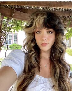 Brown And Blonde Shag Hair, How To Style 70s Shag Hair, Shag Haircut In Ponytail, Blonde Sections In Brown Hair, Shag Hair Color Ideas, Shullet Hairstyles Long, Dyed Shag Hair, Shaggy Long Hair, Layered Hair With Bangs