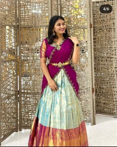 Pattu Half Sarees For Wedding, Half Saree Blouse Designs Back, Half Saree Lehenga Langa Voni, Pattu Langa Voni Half Saree, Simple Half Saree, Half Saree Designs Simple, Half Saree Designs South Indian, Bridal Half Saree, Pattu Lehenga Half Saree