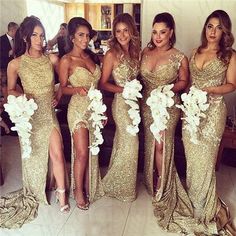 the bridesmaids are all dressed up in gold gowns and flower bouquets