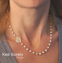 "Dainty freshwater pearl necklace will be featuring your script initials in pretty script font. Order this necklace in Sterling Silver, Yellow Gold or Rose Gold. Create one of the kind personalized git for wedding, Mother's day, formal dress or just a personal keepsake. Designs by Keti Sorely. Pearl color: white Creation method: cultured Pearl size: 8 mm round Monogram size: optional from 1/2\" or 3/4\" Chain length - optional from 14\" to 18\" For shorter chain please leave the note at the chec Elegant White Monogram Jewelry, White Monogrammed Jewelry For Wedding, White Monogram Jewelry For Wedding, White Monogram Wedding Jewelry, Elegant Personalized Pearl Necklace As A Gift, Elegant Personalized White Pearl Necklace, Elegant Formal Monogrammed Jewelry, Elegant Personalized Pearl Jewelry, Elegant Personalized Pearl Necklace