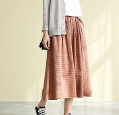 Casual Cotton Linen loose fitting Women's Skirts Orange Cotton Skirt For Fall, Orange Flared Skirt For Spring, Casual Orange Lined Skirt, Casual Orange Pleated Skirt, Orange Skirt Bottoms With Pockets, Spring Orange Skirt With Pockets, Orange Skirt With Pockets For Spring, Casual Orange Skirt For Spring, Orange Flowy Skirt For Fall