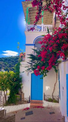 a white building with blue doors and red flowers