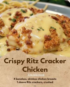 crispy ritz cracker chicken on a plate with noodles and parmesan cheese