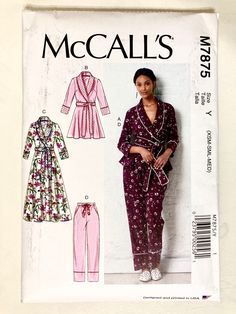 Women's sewing pattern for robe or wrap pajama top and pants with ribbon drawstring. Robe/pajama top has length variations and optional quilting. All pieces have purchased piping trim. Perfect for creating gorgeous sleepwear for yourself or a loved one. Suggested fabrics: charmeuse, crepe de chine, crepe and cotton knits. sizes XS S M ( size 4 - 6 - 8 - 10 - 12 - 14 ) bust 29.5 to 36 inches waist 22 to 28 inches hip 31.5 to 38 inches Condition: UNCUT and factory folded. Wear, tear, wrinkling and Pajama Bottoms Womens, Pajama Pattern, Womens Pajamas Pants, Mccalls Sewing Patterns, Women's Robe, Vogue Patterns, Womens Sewing Patterns, Vest Pattern, Mccalls Patterns