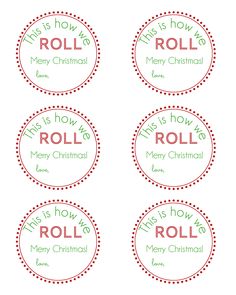 four christmas stickers with the words roll and merry christmas