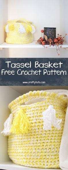 a crocheted basket sitting on top of a white shelf next to a yellow bag