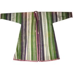 Beautifully handwoven silk coat. Chapan (variant of caftan) is a coat worn by both men and women, for warmth, protection or fashion. Coats typically have long sleeves and open down the front, closing by means of buttons, zippers, Velcro, toggles, a belt, or a combination of these. Worn over clothes, usually during the cold winter months. These coats are adorned with intricate threading and come in a variety of colors and patterns. Exceptionally colorful in purple, green and ivory vertical stripe Caftan Tunic, Silk Coat, Vertical Stripes, Quilt Blanket, Vintage Silk, Resort Wear, Tunics, No. 2, Hand Weaving