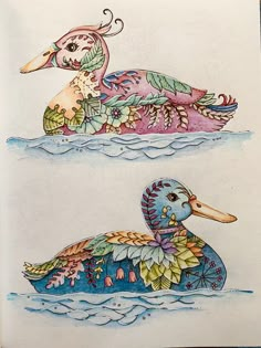 two drawings of ducks floating on top of water