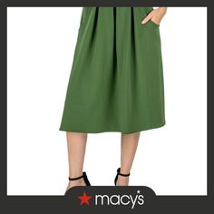 in stock Casual Knee-length Lined Dress, Casual Knee-length Dress With Lined Skirt, Spring Solid Color Midi Bottoms, Casual Pleated Midi Bottoms, Casual Green Dress With Lined Skirt, Spring Denim Skirt With Side Pockets, Casual Solid Color Dress With Lined Skirt, Spring Green Skirt With Pockets, Spring Skirt With Side Pockets