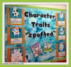 a bulletin board with pictures of farm animals and words that say character trails spotted on it