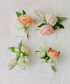 four cards with flowers on them sitting on a white table top, each containing the names of three different types of flowers