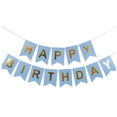 two blue and gold happy birthday banners hanging from a string on a white background with the words happy birthday