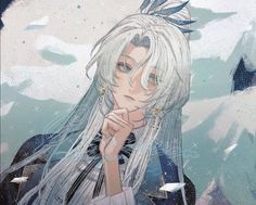 an anime character with long white hair and blue eyes