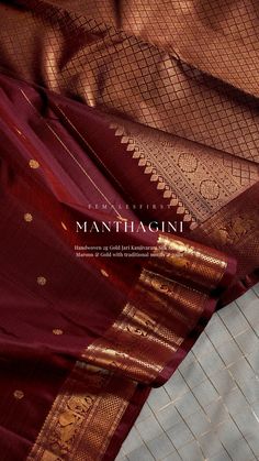 an image of a red and gold saree with the words mantigani on it