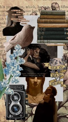 a collage of images with books, flowers, and birds on top of them