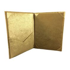 an open gold leather folder on a white background