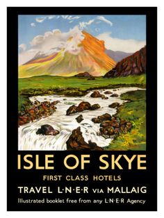 an advertisement for isle of skye hotel, with mountains in the background and stream running through it