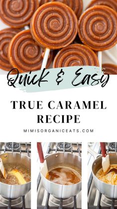 the recipe for quick and easy true caramel cookies is shown in three different pictures