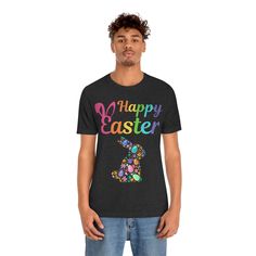 a man wearing a black t - shirt with the words happy easter written on it