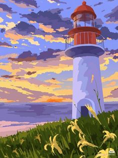 a painting of a lighthouse in the middle of grass and water with clouds above it