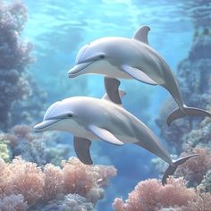 two white dolphins swimming in the ocean with corals and seaweed on the bottom