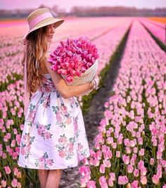 a girl in a field with pink flowers holding a basket full of purple tulips