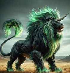 a black and green lion standing in the middle of a field