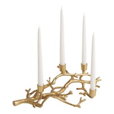 four candles are placed in a gold branch holder