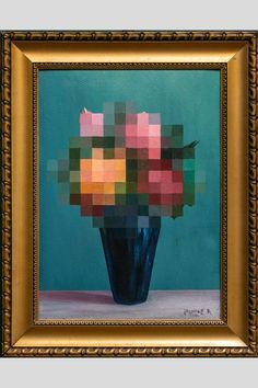 a painting of a vase with flowers in it on a blue background and gold frame