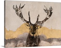 a painting of a deer with large antlers on it's head, against a yellow and gray background